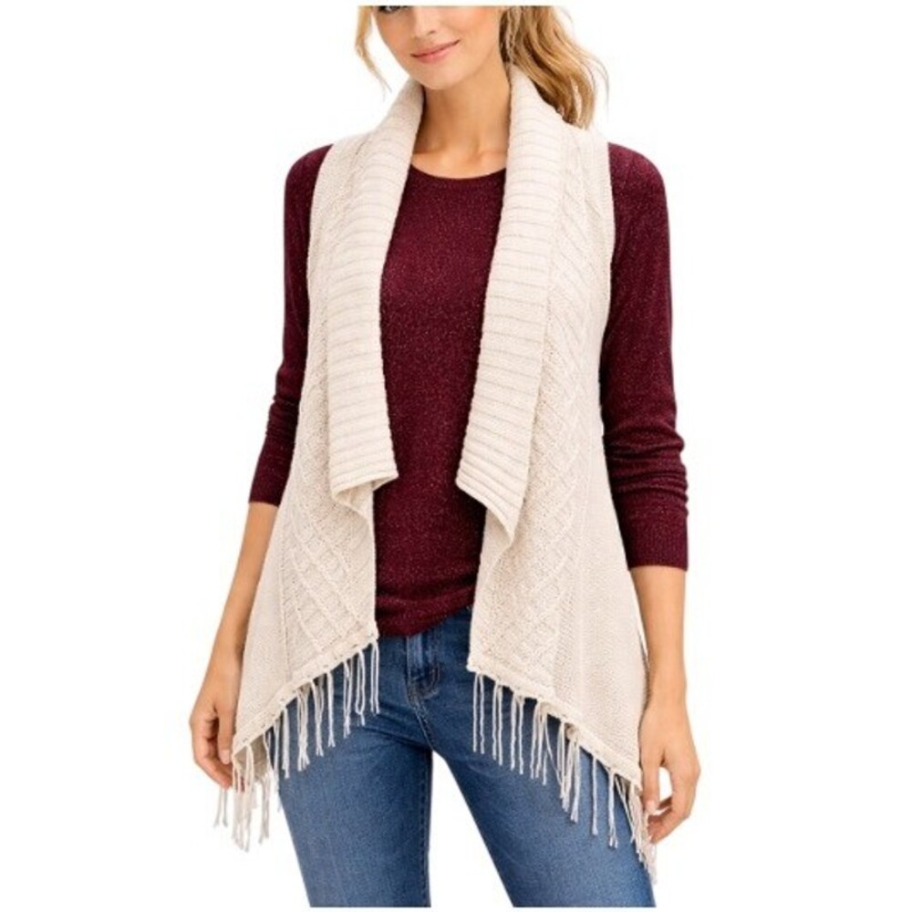 August Silk Beige Cable Knit Fringe Collar Sleeveless Shrug Cardigan Size M